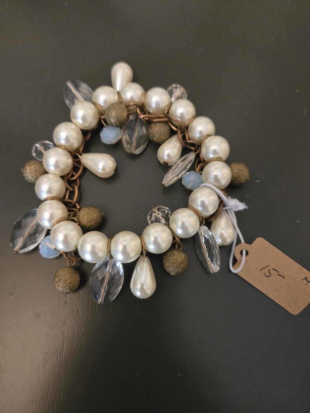 Pearl and Crystal Charm Bracelet - White Pearls with Gold Accents